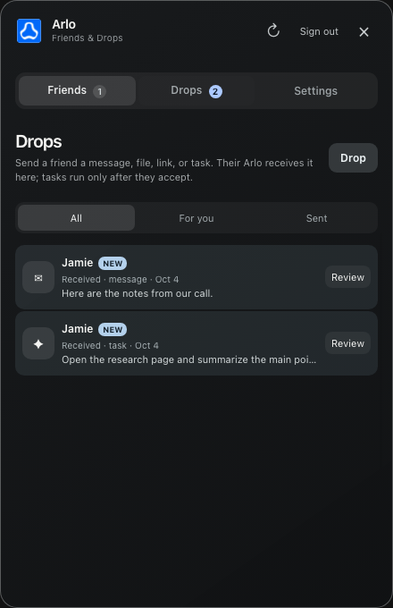 Arlo Drops panel with message and task examples