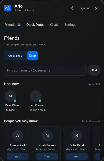 Arlo Friends layout preview with sample people, suggestions, and presence